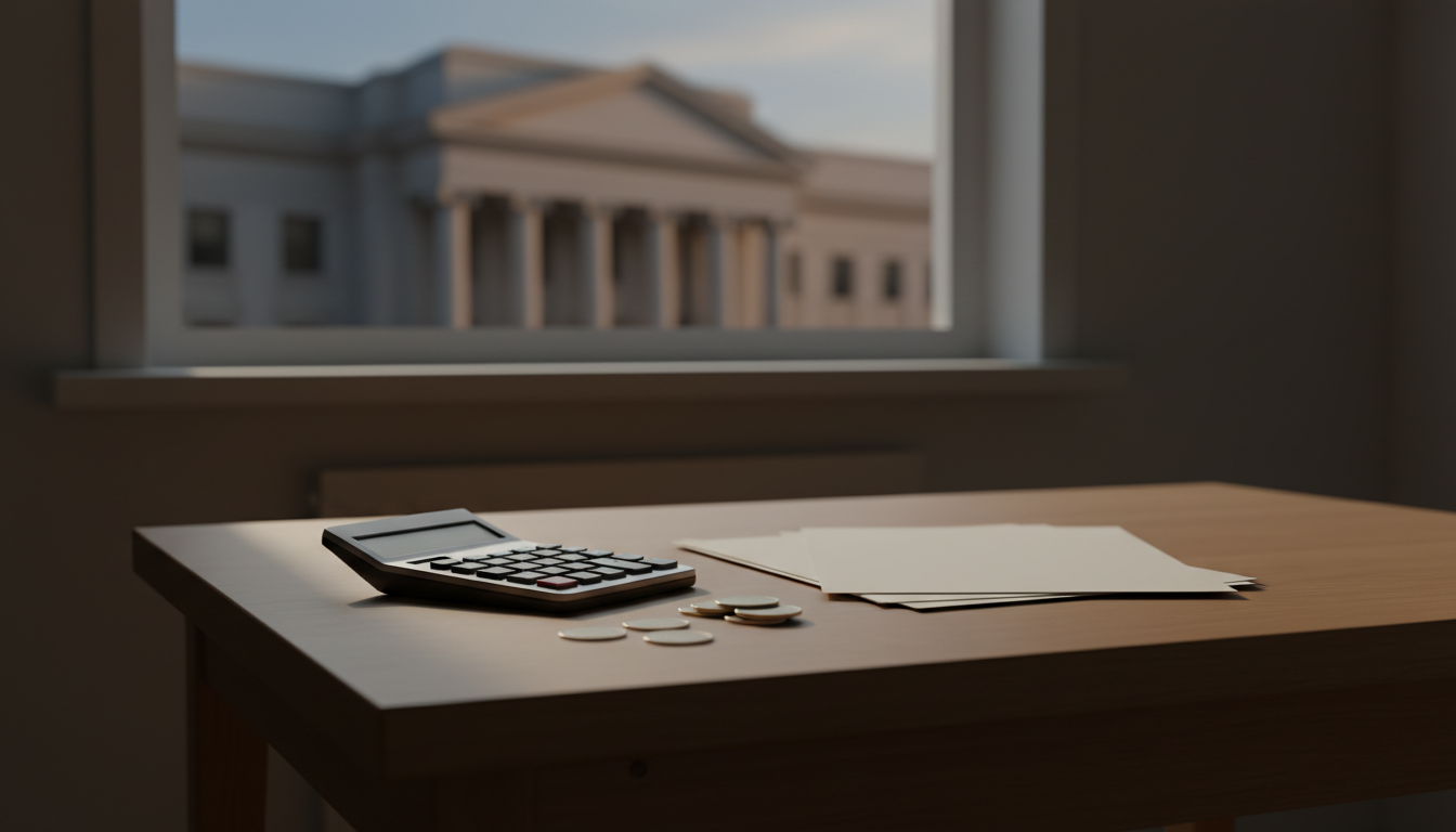 Calculator, coins, and blank papers on a wooden table, with a columned building visible through a window.