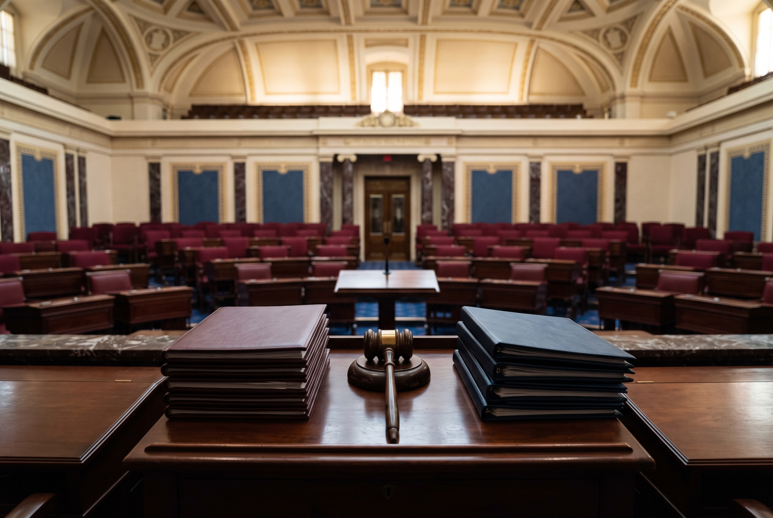An empty Senate-style chamber with a wooden gavel and balanced red and blue legislative folders in the foreground