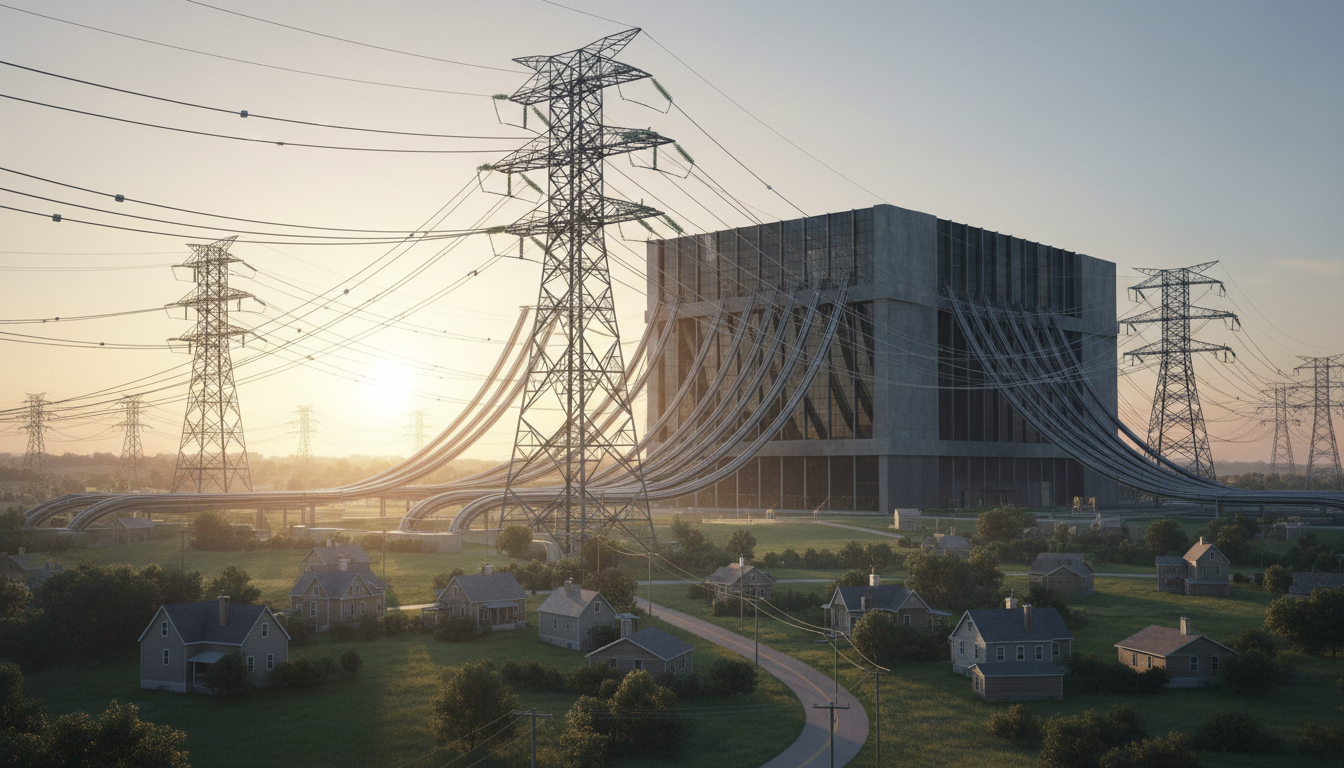 AI-generated symbolic illustration of a data-center-like building, transmission towers, oversized cables and nearby homes.