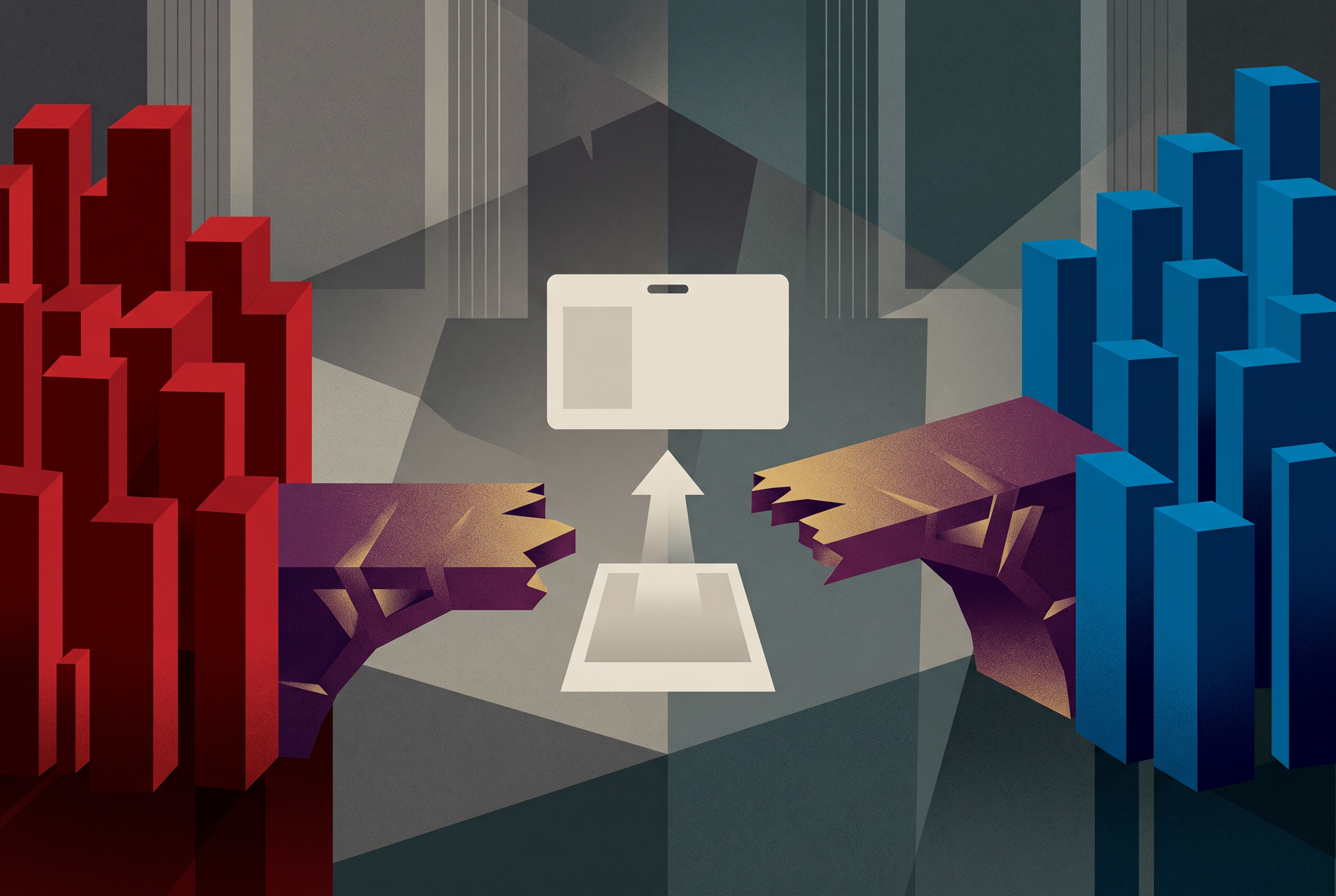 AI-generated illustration: red and blue voting blocks face each other across an incomplete bridge beneath abstract ballot and identification-card symbols