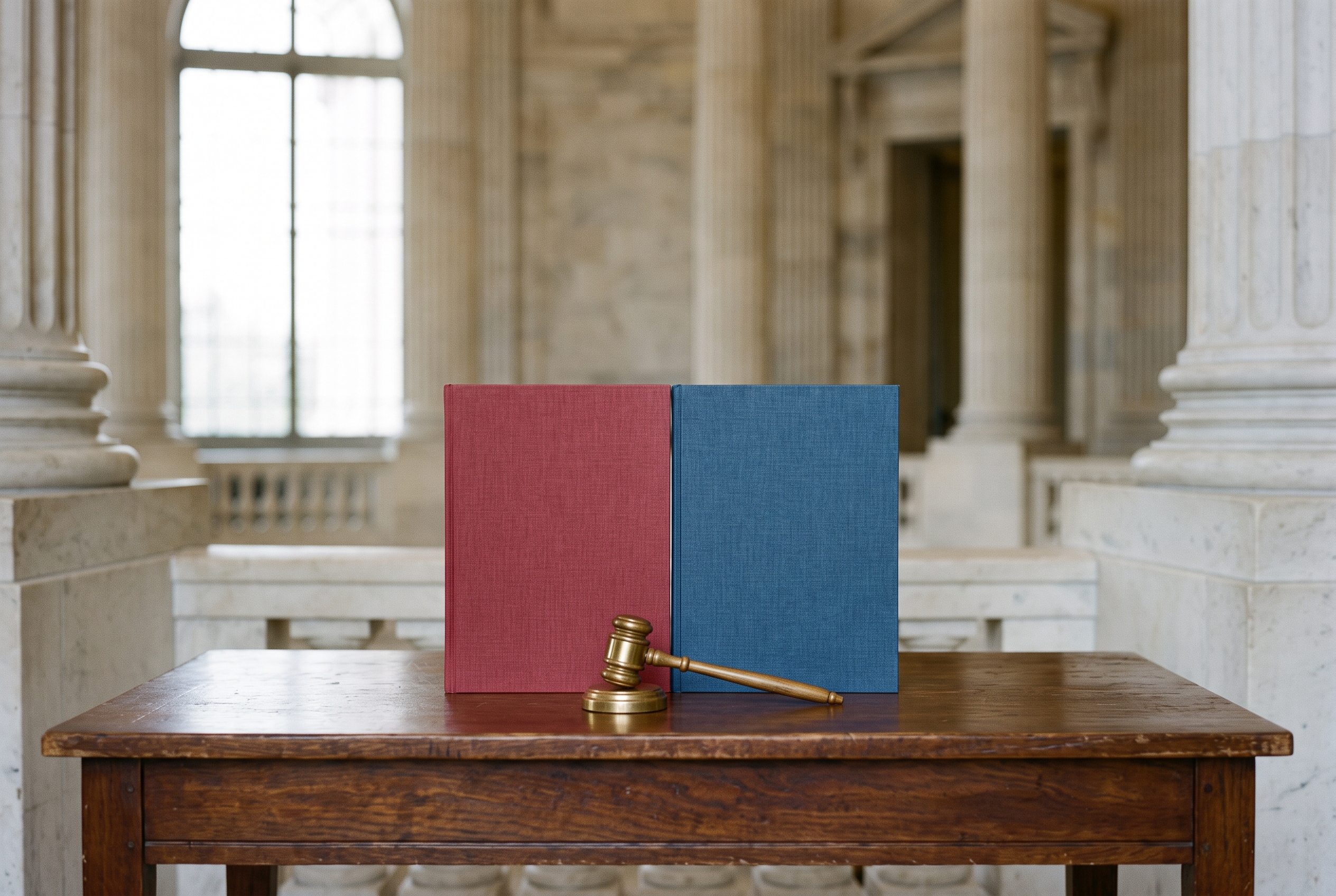 Red and blue document folders meet beside a brass gavel on a government desk, symbolizing bipartisan stopgap funding.