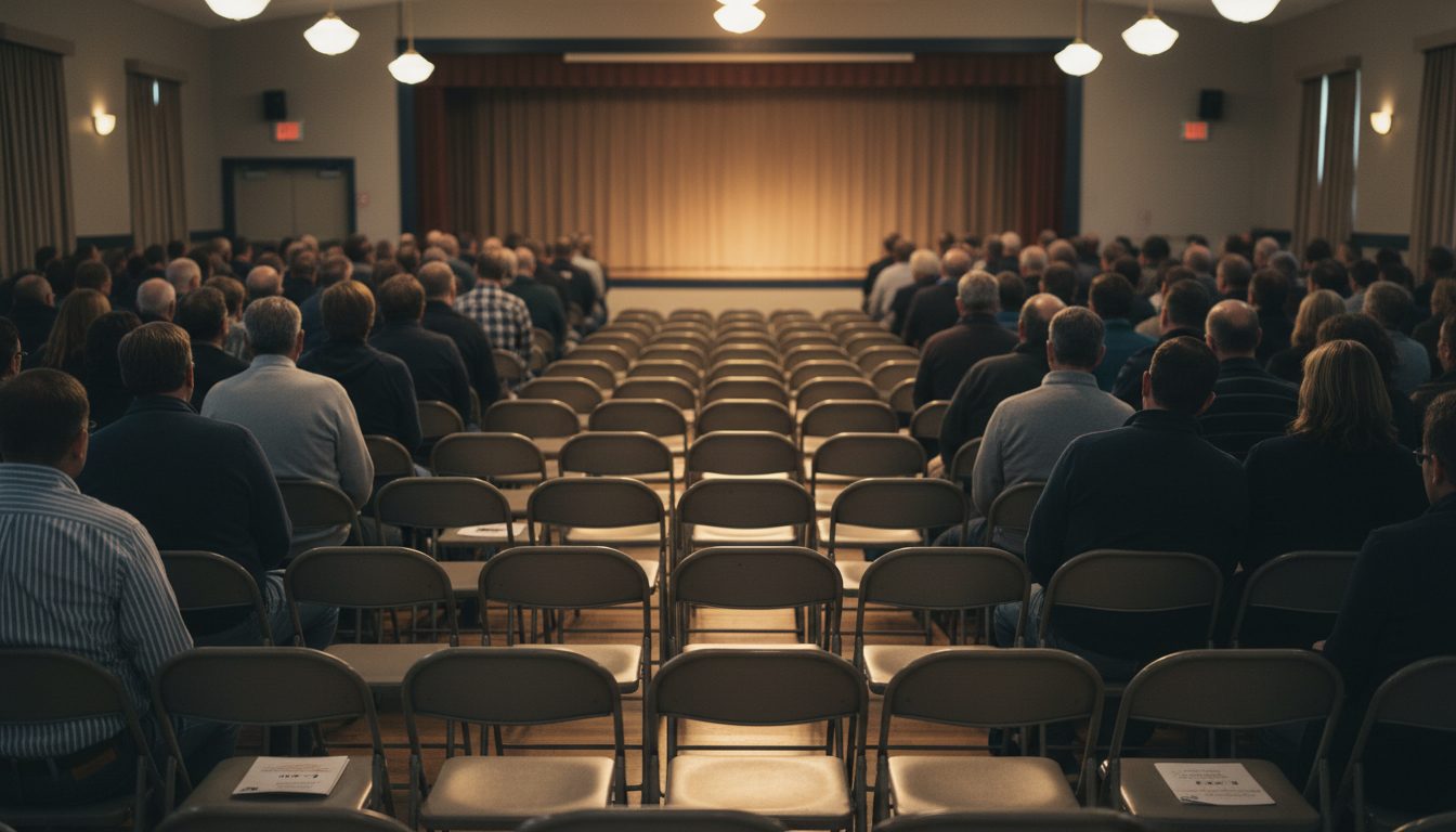 AI-generated illustration: a town-hall audience filling the left and right sections while the center rows sit empty